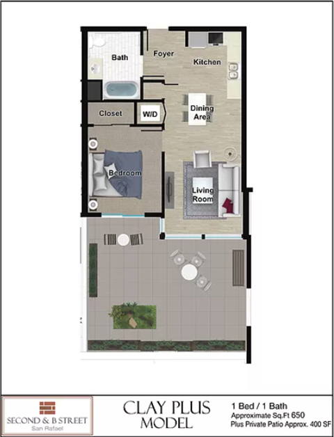 Floor plan for 1 bed, 1 bath, 700 sqft